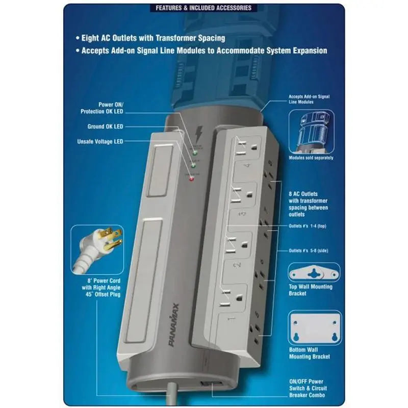 Panamax M8-EX 8 AC Outlet Surge Protector Noise Filtration 8 Feet Cord Panamax