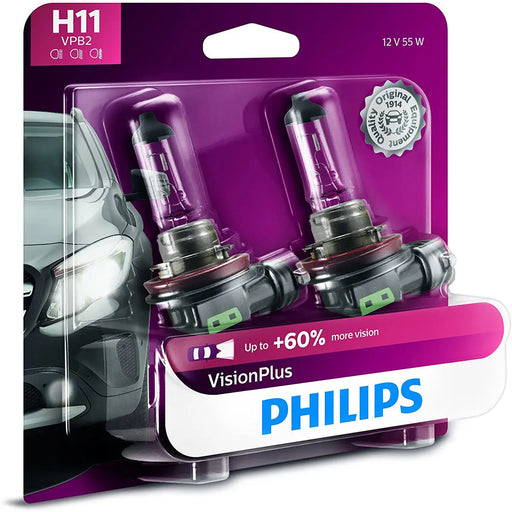 Philips 12362VPB2 H11 55 Watts Vision Plus Upgrade Headlight Bulb with 60% More Vision- Pack of 2 Philips