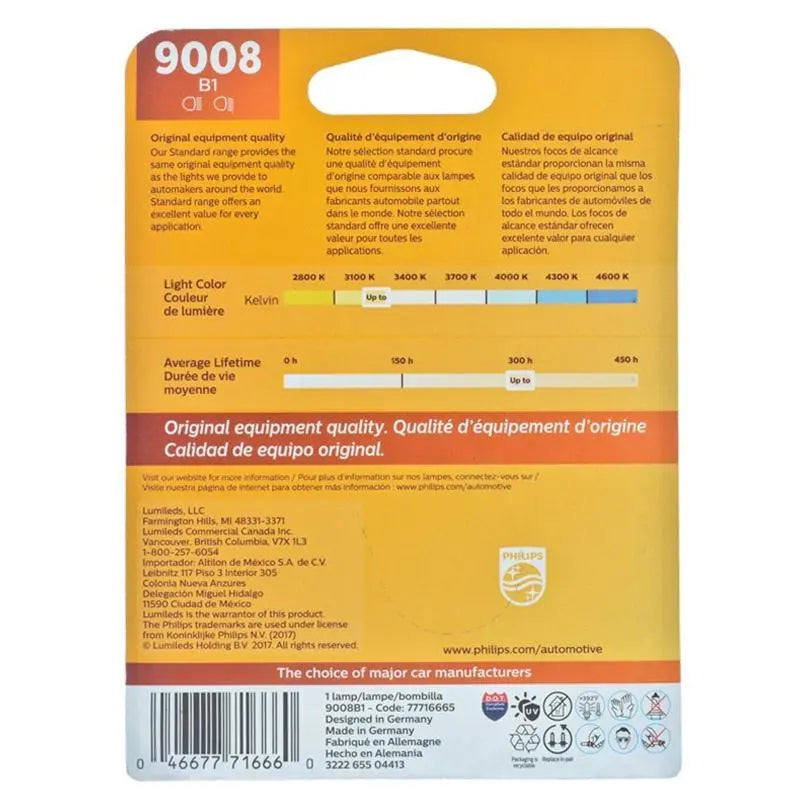 Philips Standard 9008 H13 12 Volts 60/55 Watts Halogen Headlight Bulb Philips