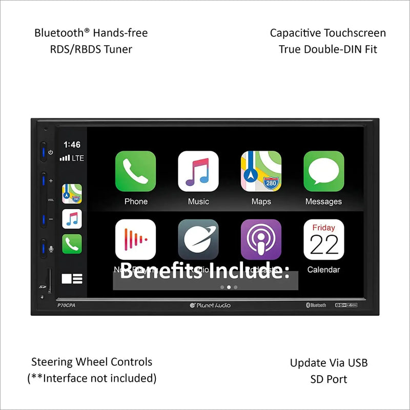 Planet Audio P70CPA-C 6.75 Inch Bluetooth Apple CarPlay Android Auto Digital Media Receiver Planet Audio
