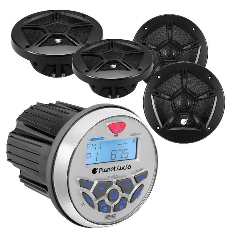Planet Audio PGR35B Marine Gauge Bluetooth Stereo + 6.5" Black Speaker Planet Audio