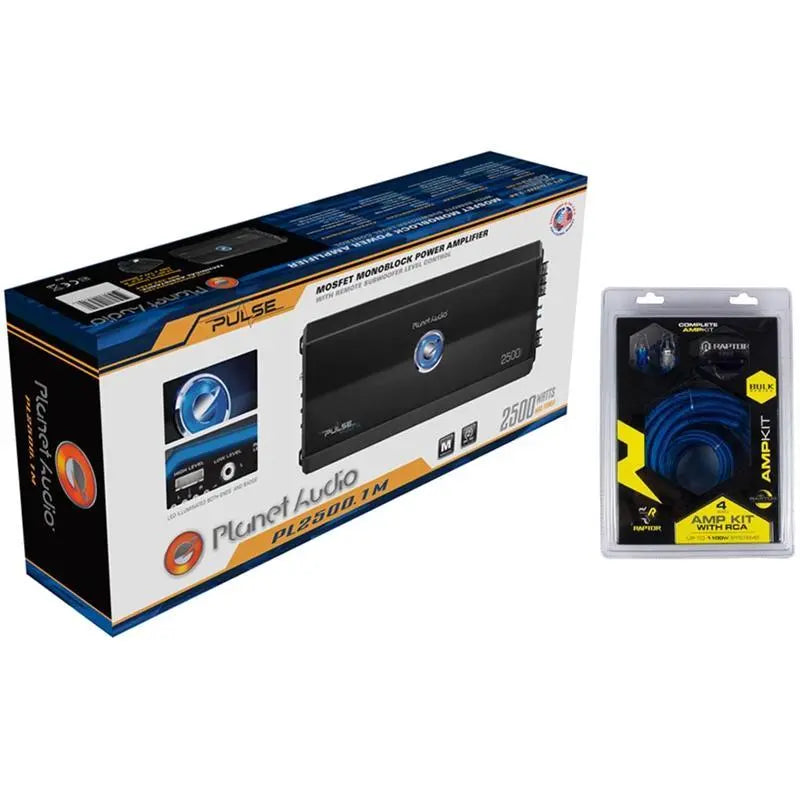 Planet Audio PL2500.1M Class A/B Monoblock Amp Pulse 2500W with 4 Gauge Amp Kit Planet Audio