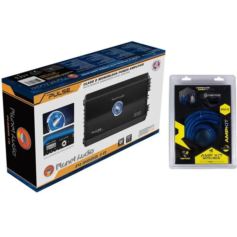 Planet Audio PL3000.1D Class D Monoblock Amp Pulse 3000W with 4 Gauge Amp Kit Planet Audio