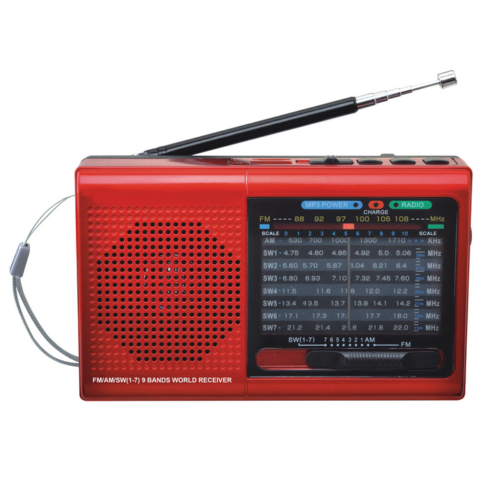 Supersonic SC-1080BT Red Rechargeable 9 Band AM/FM Bluetooth Radio