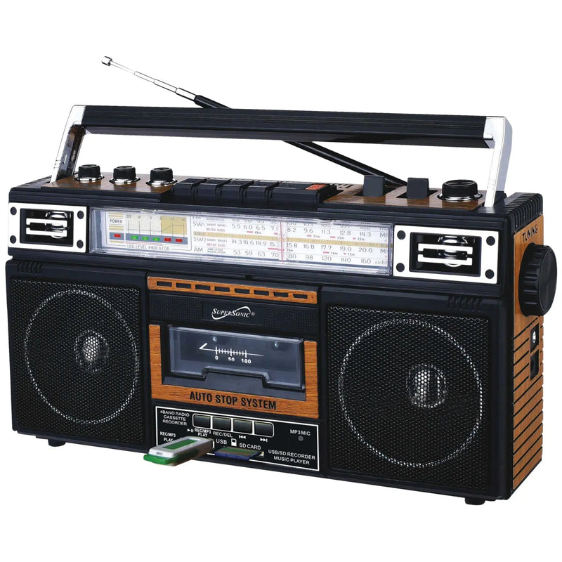 SuperSonic SC-3201BT 4 Band Radio & Bluetooth Speaker with Cassette to MP3 Converter Supersonic