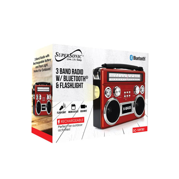 Supersonic SC-1097BT-RED 3 Band Radio with Built-in Bluetooth and Flashlight Supersonic