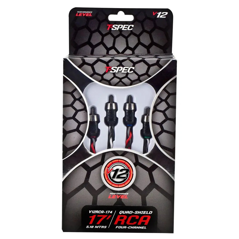 T-Specs V12RCA-174 17FT V12 Series 4-Channel Phantom Braid RCA Audio Cable T-Spec