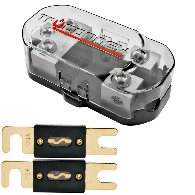 TruConnex 1-4 Gauge Input and 4-8 GA Outputs Dual ANL Fuse Holder Distribution Block with 2 Pack Nickel 100-500 Amp Fuse TruConnex