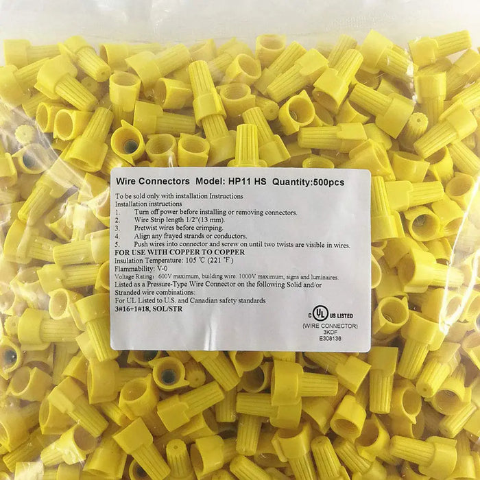 Twist Type Wire Connector Wire Nuts AWG 18-10 Winged UL Listed Yellow 500 pcs. The Wires Zone