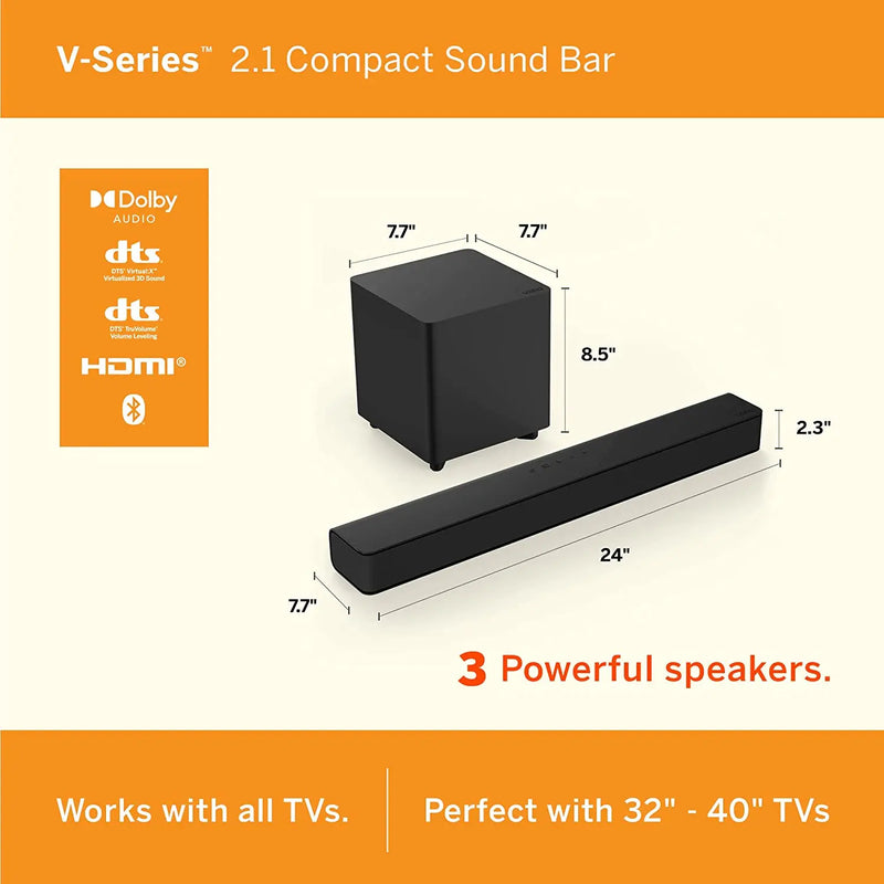 V-Series 2.1 Compact Home Theater Sound Bar Dolby Audio with Remote Control Vizio