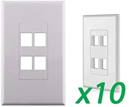 White 4-Port Port Screwless Decora Keystone Jack Wall Insert Cover Plate (1-10 Pack) The Wires Zone
